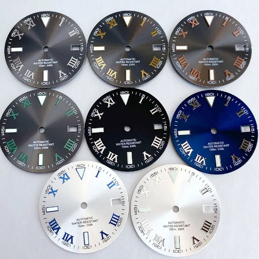 Grey Silver Sunburst 29mm Watch Dial fit NH35 NH35A NH36A Silver/Gold/Rose Gold/Green Roman Numerals Index Hand Set Watch Parts