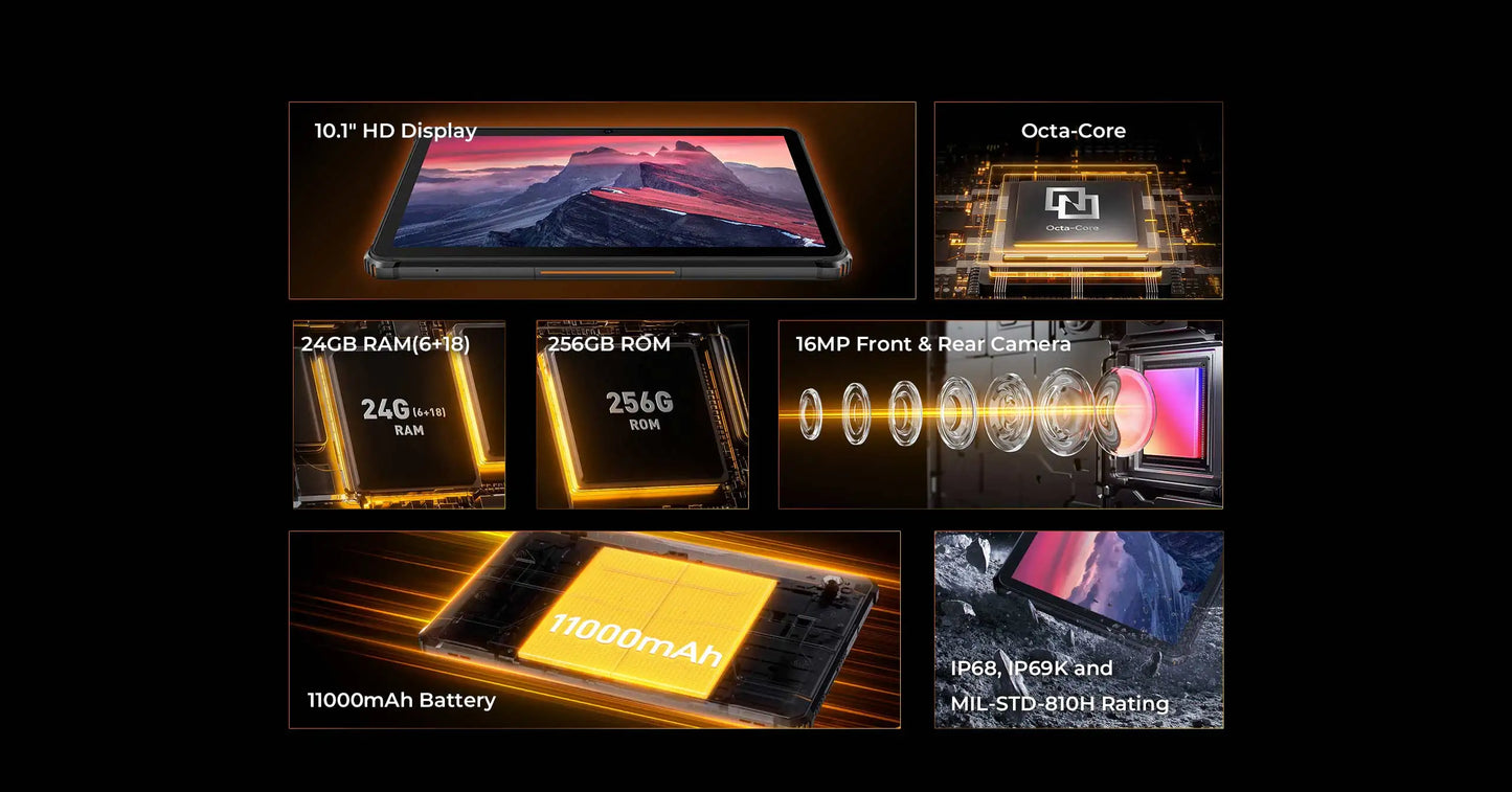 Oukitel RT9 4G Rugged Tablet 10.1" HD Display 24GB RAM 256GB Waterproof Tablet 11000mAh Battery Android 14.0 Tablet PC