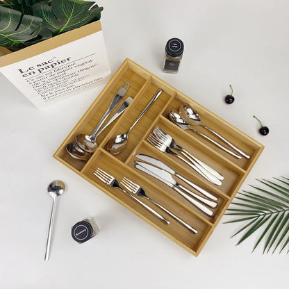 Expandable Drawer Tray Cutlery Organizer Kitchen Silverware Utensil Flatware Cutlery Spoons Knives Bamboo Storage Tray