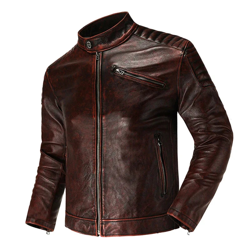 Copersian Men's Genuine Leather Jacket Natural Cowhide Hunting Jacket  Retro Motorcycle Jacket Spring Autumn Mens Clothes