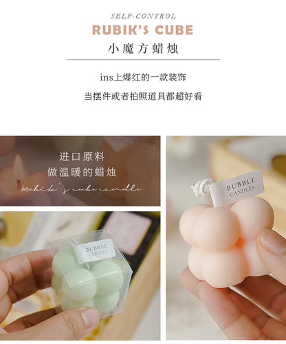 A square ball-shaped scented candle, a colorful birthday gift, a handcrafted candle, and a cute-shaped scented candle