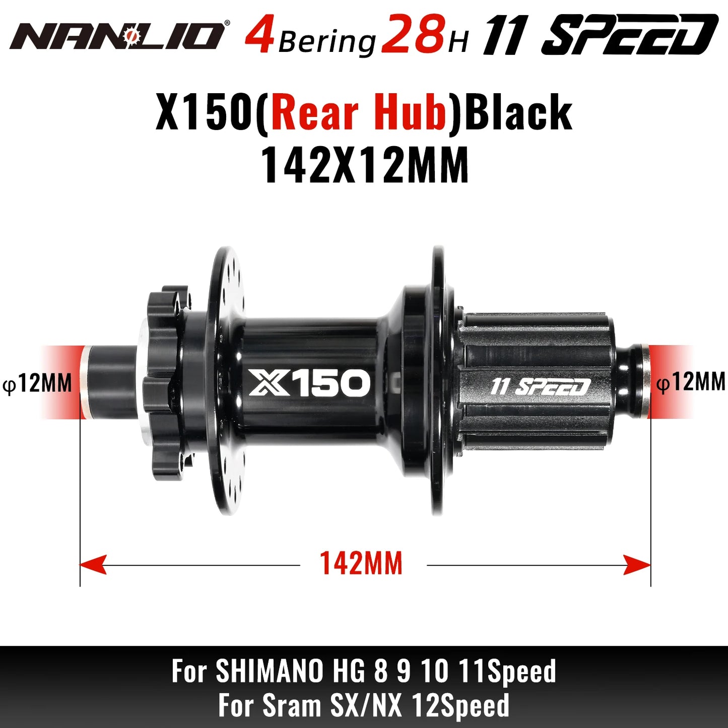 Bicycle hubs Nanlio X150 Mountain Bike Hubs 6 Pawls 150 Engagement Rear Hub HG MS XD 8-12 Speed 28 32 36 Holes Noisy wheel Hubs