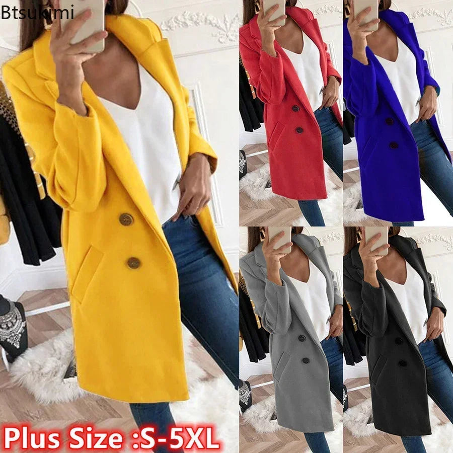 New Plus Size 4XL 5XL Women's Autumn Coat Woollen Blends Overcoats 2025 Winter Long Sleeve Casual Oversize Outwear Jackets Coat