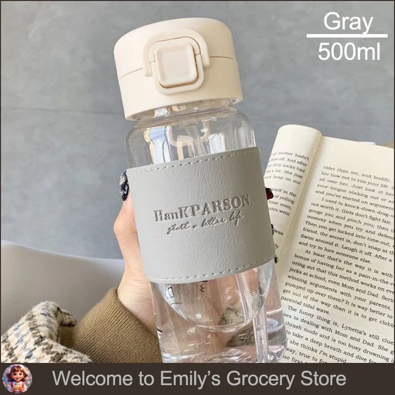 500Ml Portable Plastic Water Bottles with Straw Anti-scalding Leather Case Non-leaking Cute Bottle Outdoor Drinkware