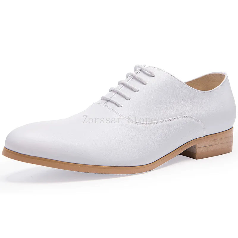 3CM Heels Men Wedding Shoes Genuine Leather White Black Oxford Dress Business Suit Shoe Lace Up Point Toe Formal Shoes Handmade
