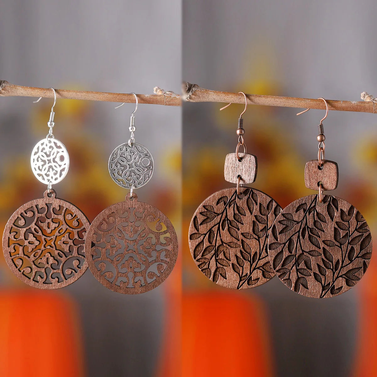 New Bohemian Earrings Autumn Leaf Disc Splicing Wooden Earrings Double sided Fashion Earrings Gift