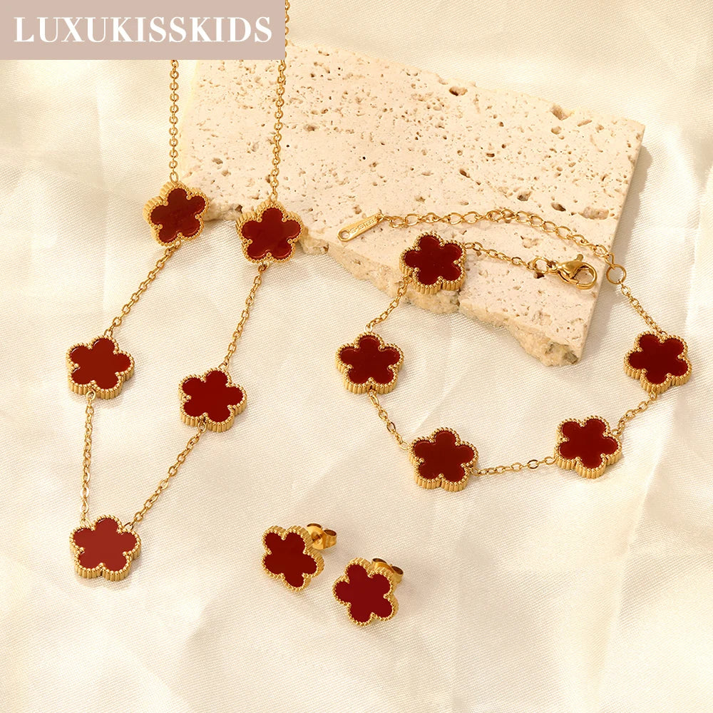 LUXUKISSKIDS Fashion Flower Necklace Earrings Set Jewelry Women Stainless Steel White Shell Clover Bracelet Jewelry Accessories
