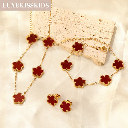 LUXUKISSKIDS Fashion Flower Necklace Earrings Set Jewelry Women Stainless Steel White Shell Clover Bracelet Jewelry Accessories