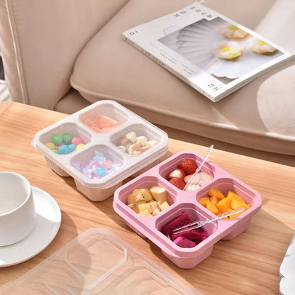 Reusable 4 Compartments Lunch Box Snack Dim Sum Nut Candy Box with Cover Wheat Straw Four Grid Snack Containers Meal Prep