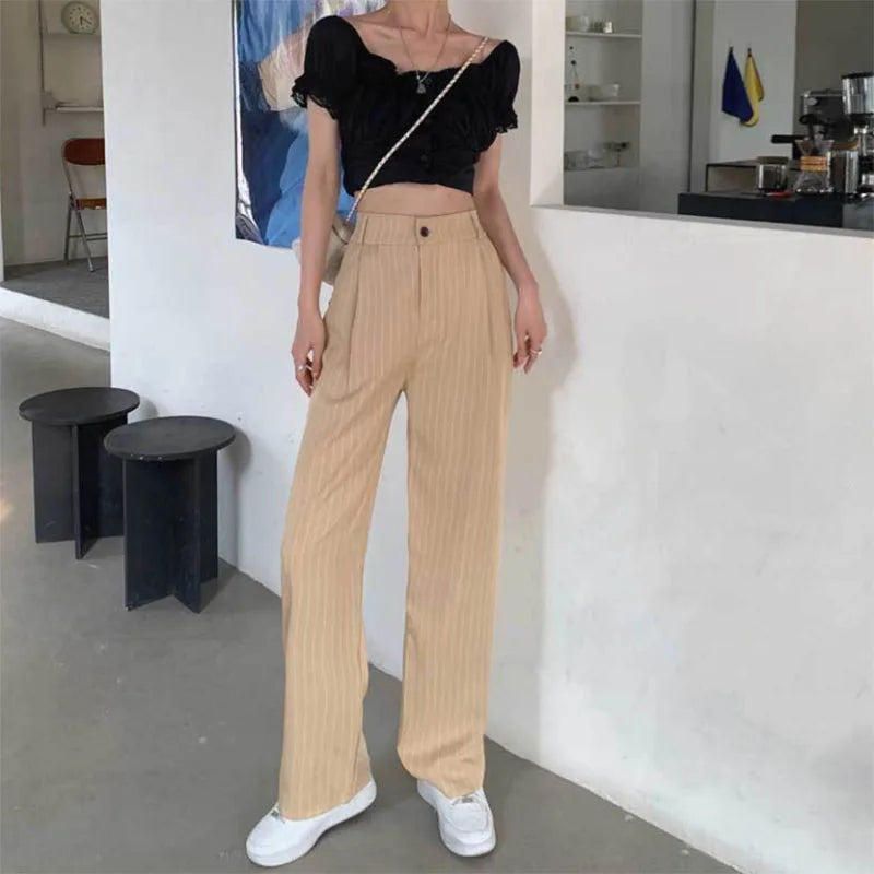 Women's Formal Office Wear Suit Pants Vintage High Waist Baggy Striped Pants Woman Korean All-Match Straight Trousers Female