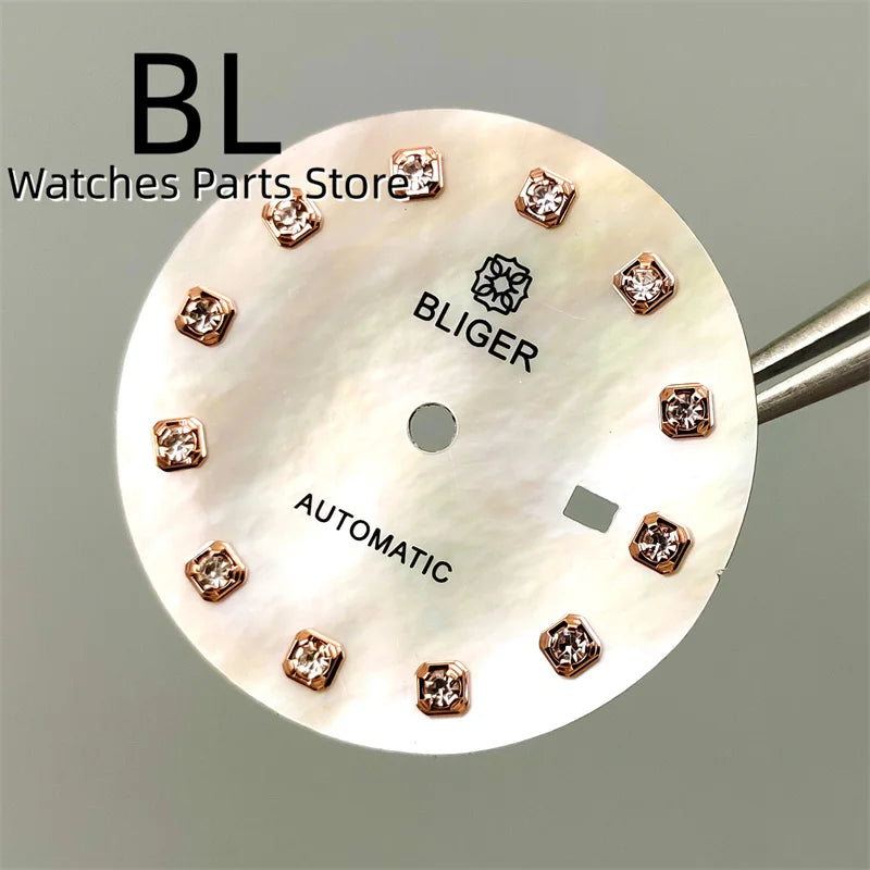 BLIGER 24.5mm Watch Dial Hand Set Sunburst Gray Rose White Mother Pearl Dial Roman Diamond Index Fit NH05 Movement Women Watches