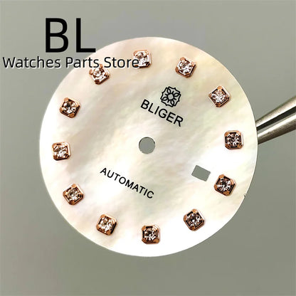 BLIGER 24.5mm Watch Dial Hand Set Sunburst Gray Rose White Mother Pearl Dial Roman Diamond Index Fit NH05 Movement Women Watches