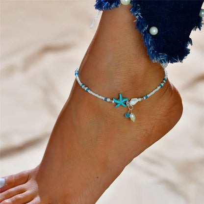 Modyle New Beads Anklets for Women Silver Color Starfish Beach Leg Bracelet Handmade Bohemian Foot Chain Boho Jewelry Gift