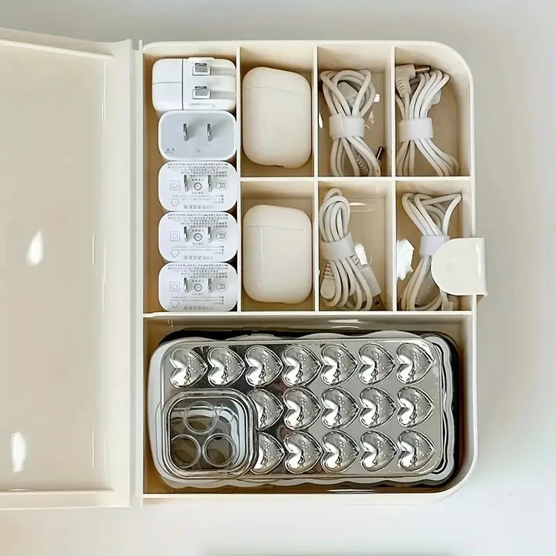 Desk Data Cable Storage Box Multi-Compartment Power Cord Organizer Desktop Cable Management Box for Phone Charger Plugs Jewelry