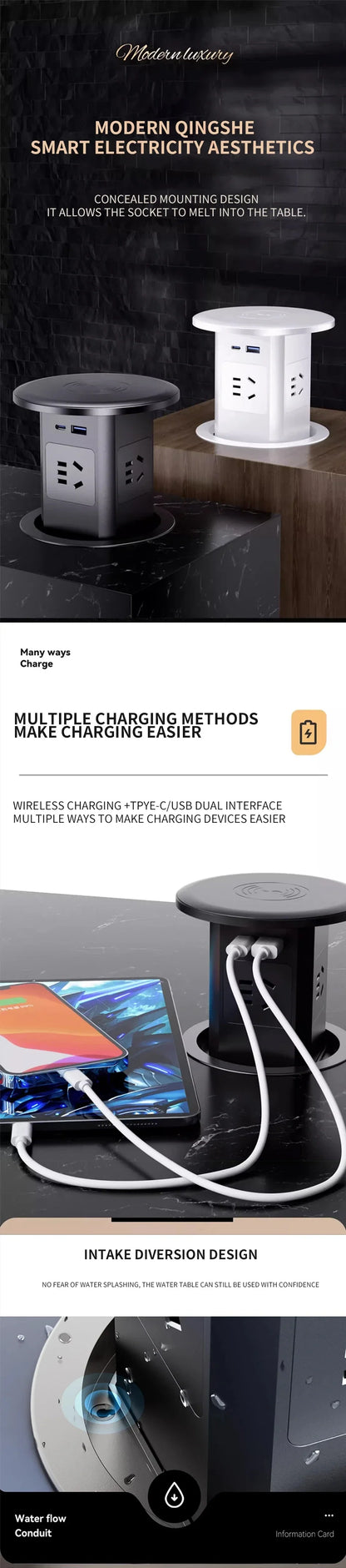 Retractable Pop Up Socket Wireless Charge USB Port US UK AU Universal Automatic Lifting Anti-pinch Protection Outlet Desktop