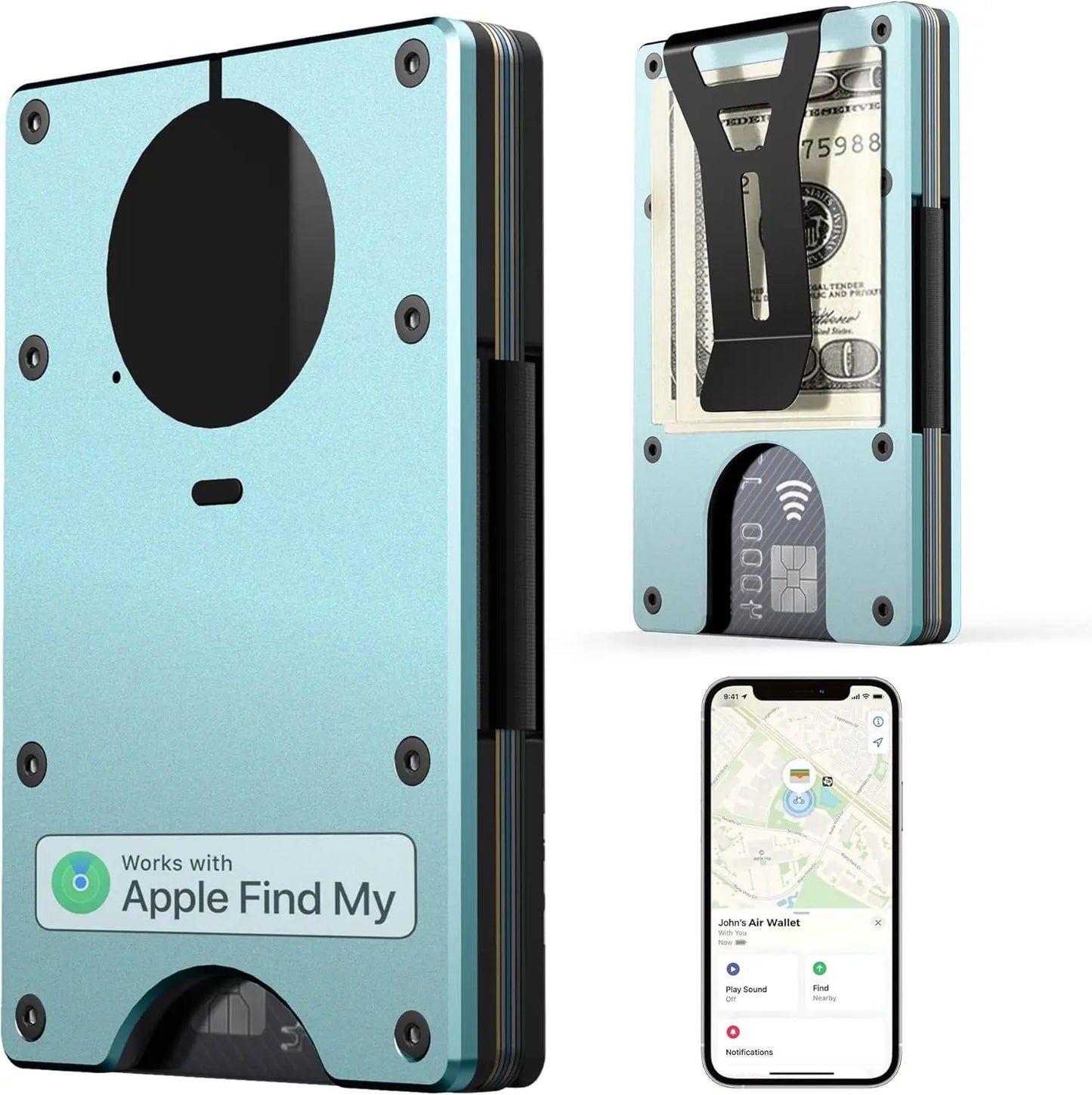 RFID Blocking Credit Card Holder, Slim Wallet For Men, Compatible with Find My iOS Only, Detachable Money Clip