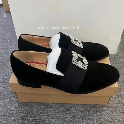 Silver Rhinestone Shoes Man Pointed Toe Black Real Suede Flats Male Fashion Wedding Shoes