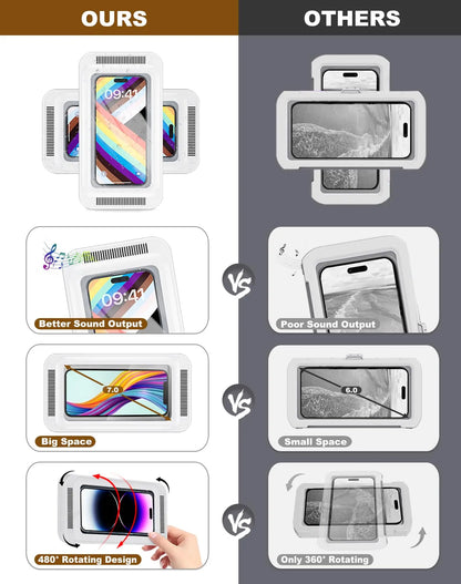 Shower Phone Holder with Speaker  480 Rotation, Wall Phone Mount for Shower Waterproof Anti Fog Shower Case for 4-7" Phones