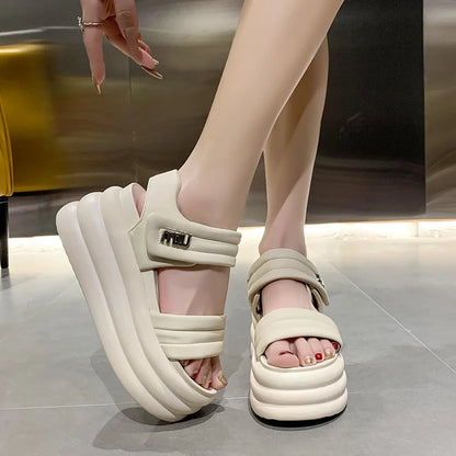 2025 Summer Women Chunky Sandals Leather High Platform Trainers Breathable Casual Slippers Shoes Woman 8.5CM Heels Wedge Sneaker