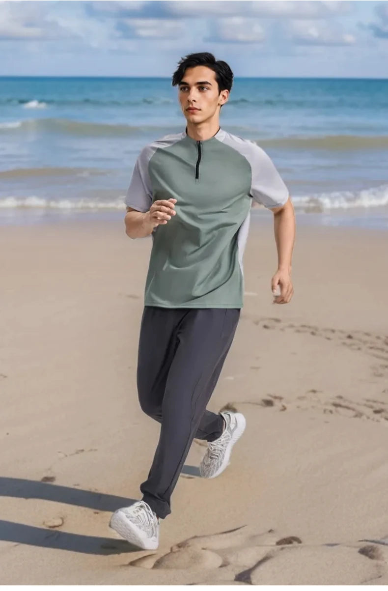 Sports T-shirt, men's half-zipper stand-up collar short-sleeved running top, summer sports training tennis clothes