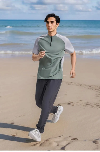 Sports T-shirt, men's half-zipper stand-up collar short-sleeved running top, summer sports training tennis clothes