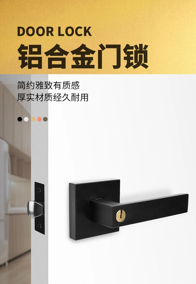 Indoor Door Lock, Aluminum Alloy Handle  Adjustable Room Wooden Door Handle Square Minimalist American Heavy-duty Three Bar Lock
