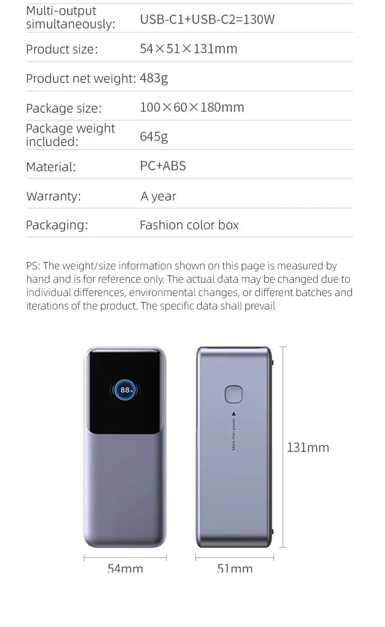 200W PD3.1 Power Bank 25000mAh with TFT Color Screen, 100W Fast Charging for Laptop and Phone, Portable Power Bank
