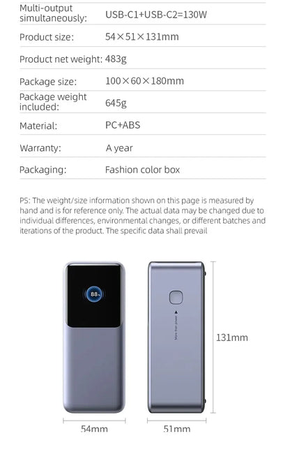 200W PD3.1 Power Bank 25000mAh with TFT Color Screen, 100W Fast Charging for Laptop and Phone, Portable Power Bank