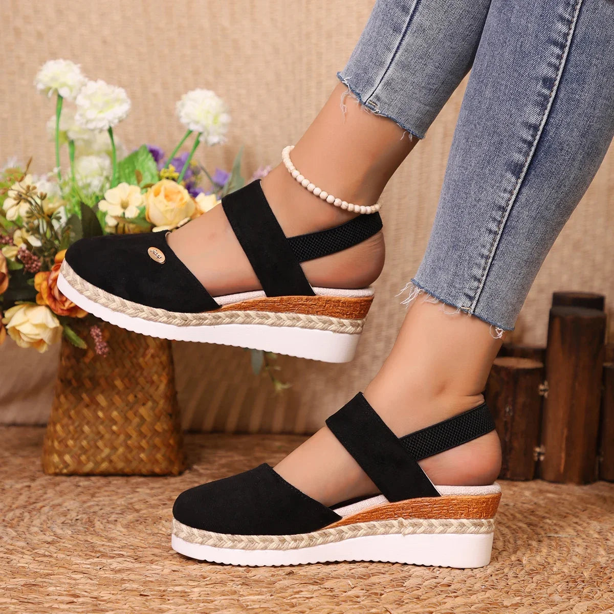 Summer Women Linen Plain 6cm Wedge Sandals Handmade Ladies Casual Comfortable womens shoes