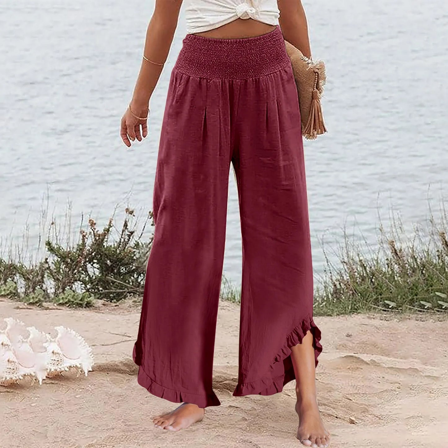 Summer Womens Palazzo Pants Summer Casual Flowy Wide Leg Trousers Beach Travel Vacation Outfits All Match Loose Baggay Pants