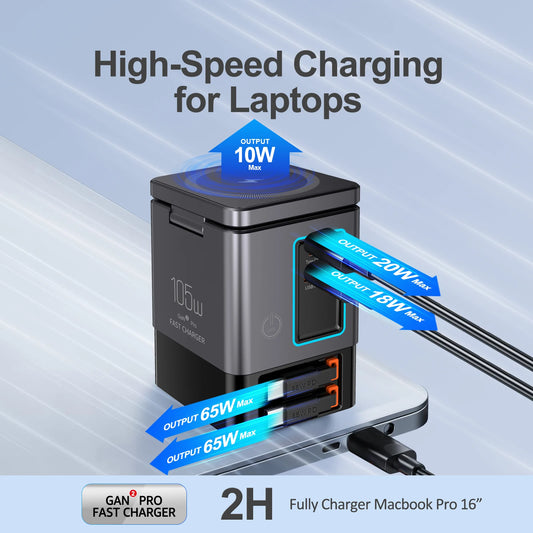 6-in-1 Charging Station with Retractable USB-C Cable Power Combo Tower 105W for Multiple Devices Fast Charger for iPhone Airpod