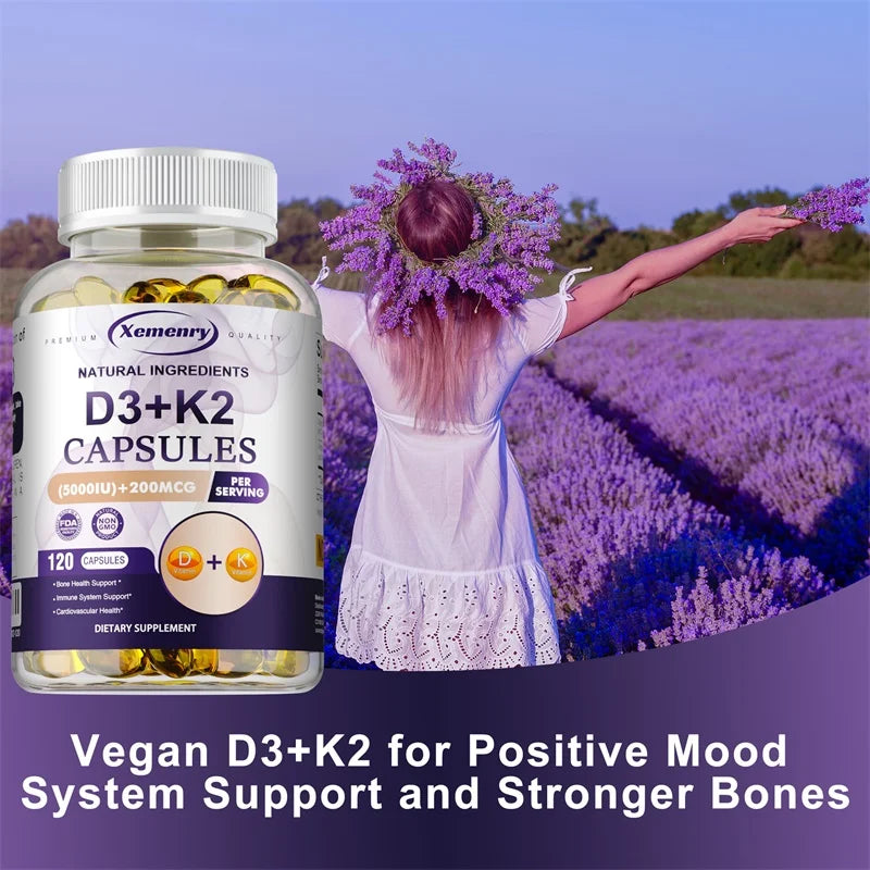 Vitamin D3 5000IU and 200 Mcg Vitamin K2 (MK-7) Capsules for Calcium Absorption, Bone Regeneration, Immune Support, Easy To Melt