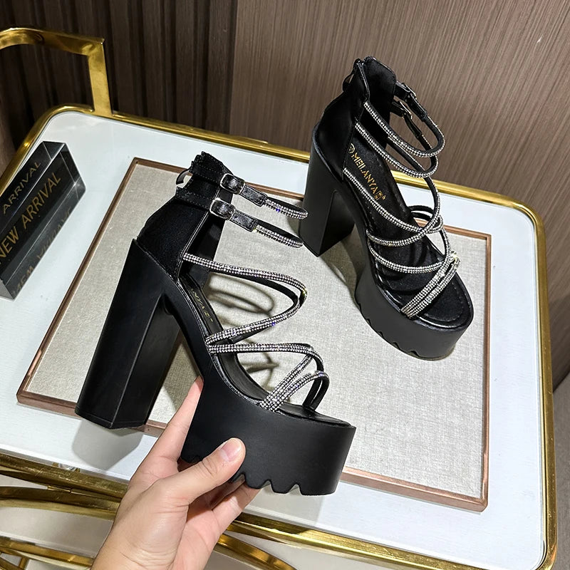 Car Model Catwalk Banquet Performance Women's Shoes 16 Cm Waterproof Pole Dance Crystal 15CM High Heel Chunky Sandals
