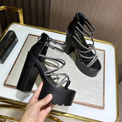 Car Model Catwalk Banquet Performance Women's Shoes 16 Cm Waterproof Pole Dance Crystal 15CM High Heel Chunky Sandals