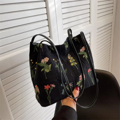 Street Trend Embroidered Totes Bags for Women Large Capacity Canvas Handbag Shoulder Bag Female Commuting Bucket Bag