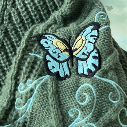 Butterfly Knitted Cardigan Women Dark Green Cardigans with Embroidery Winter Letter Patch Oversized Sweaters Tops Folklore Girl
