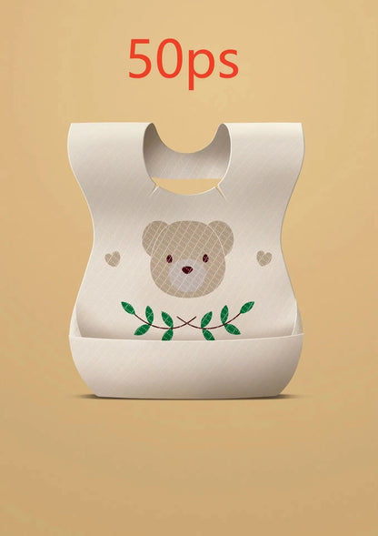 50-Pack Disposable Bibs for Babies Aged 6 Months to 2 Years Cartoon Bear Feeding Bib for Boy Girl Non-woven Drool Towel