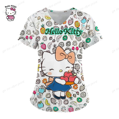 Hello Kitty Print surgical uniforms pharmacy hospital nurse scrubs tops breathable beauty salon dentistry pet doctor overalls