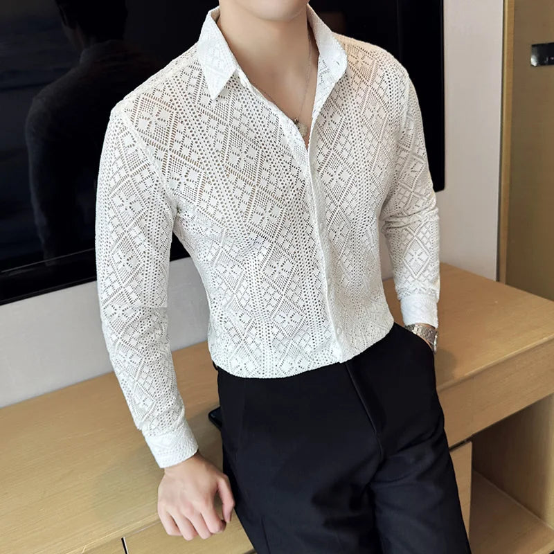 Quality Hollow Shirts For Men Korean Luxury Clothing Fashion Sexy Lace Men's Social Shirt Dress Slim Fit Long Sleeve Prom Tuxedo