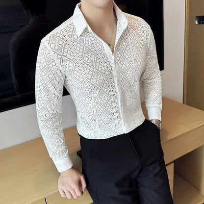 Quality Hollow Shirts For Men Korean Luxury Clothing Fashion Sexy Lace Men's Social Shirt Dress Slim Fit Long Sleeve Prom Tuxedo