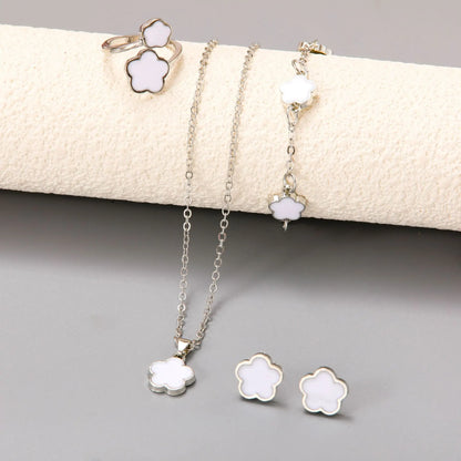 5pcs Lucky Five-petal Flower Women's Jewelry Set, Fashion Flower Bracelet + Necklace + Earrings + Bracelet + Ring Set, Birthday