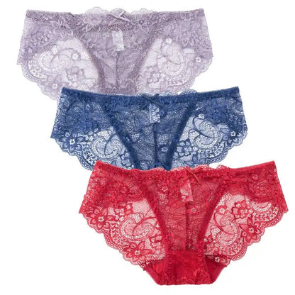 3PCS Hollow Out See Through Underpants Comfortable Briefs Sexy Ladies Lace Transparent Panties Low-Rise Lingerie