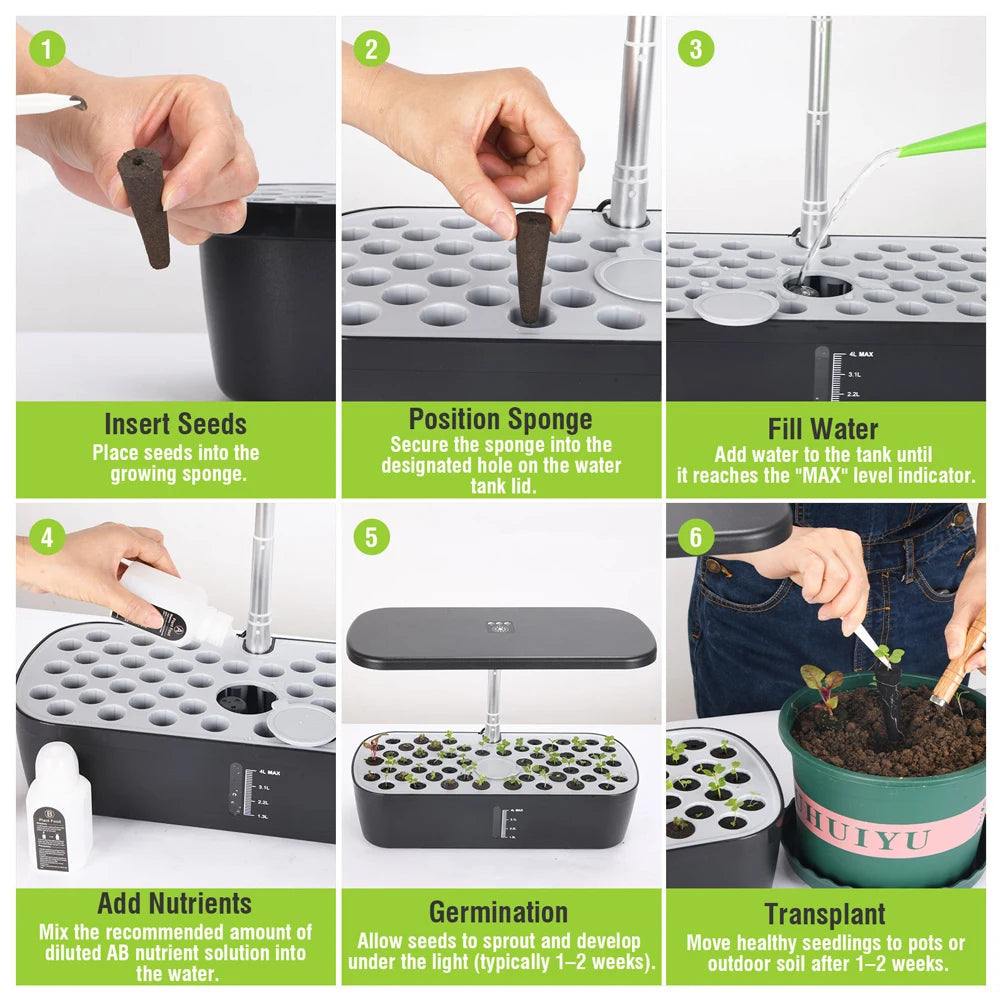 6 Holes Hydroponics Growing System Indoor Soilless Vegetable Fruit Herb Planter with LED Grow Light Smarts Water Pump Automatic