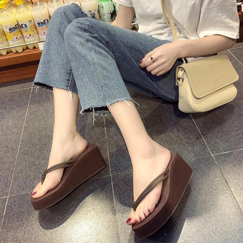 Flip-flops For Women Summer Fashion Casual Outer Wear High-heeled Flip-flops Ins Trendy Non-slip Slope Heel Seaside Beach Sandal
