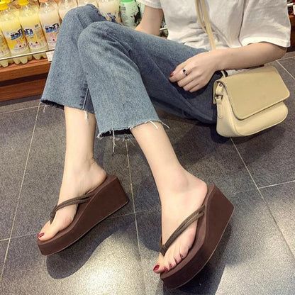 Flip-flops For Women Summer Fashion Casual Outer Wear High-heeled Flip-flops Ins Trendy Non-slip Slope Heel Seaside Beach Sandal