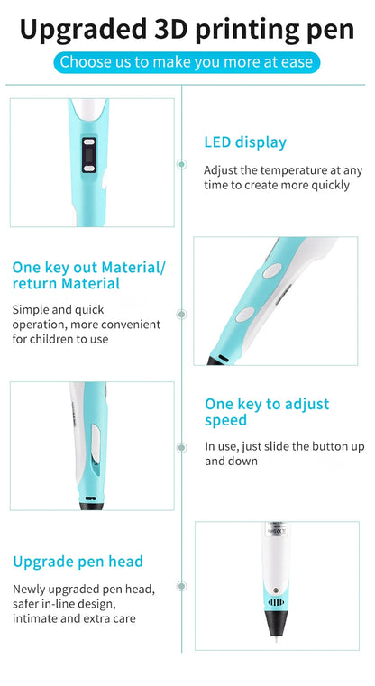 3D Pen For Children 3D Printing Drawing Pen DIY Funny Set for Kids Chidren Birthday Chrismas Creative Gift with PLA Filament