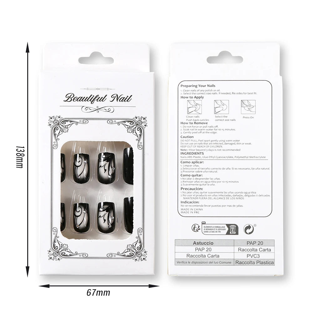 24pcs Glossy Black Flower Press on Nails with Rhinestones Wearable Short Square False Nails Finished Reusable Press on Nails