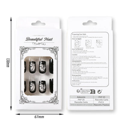 24pcs Glossy Black Flower Press on Nails with Rhinestones Wearable Short Square False Nails Finished Reusable Press on Nails