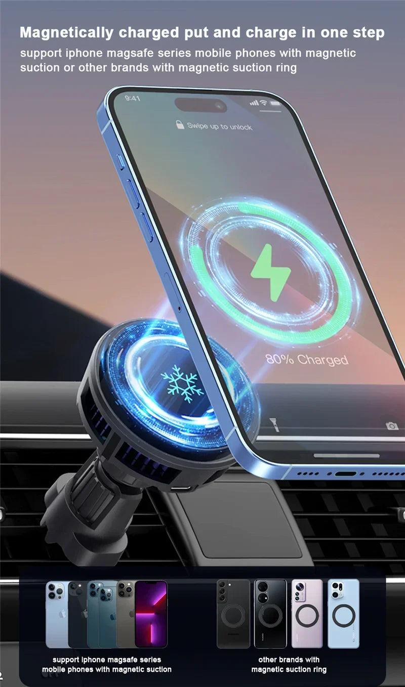 Car Wireless Charger Cooling Magnetic Car Phone Holder Mount Fast Car Charging Stand for Macsafe iPhone 15 14 13 12 Pro Max Mini