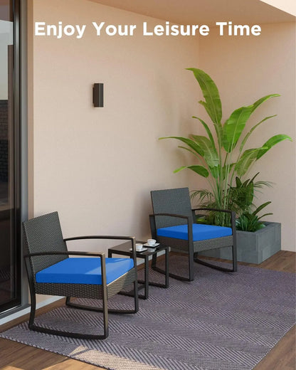 3 Pieces Patio Furniture Set Rocking Bistro Set Outdoor Rattan Conversation with Coffee Table for Garden Balcony Backyard